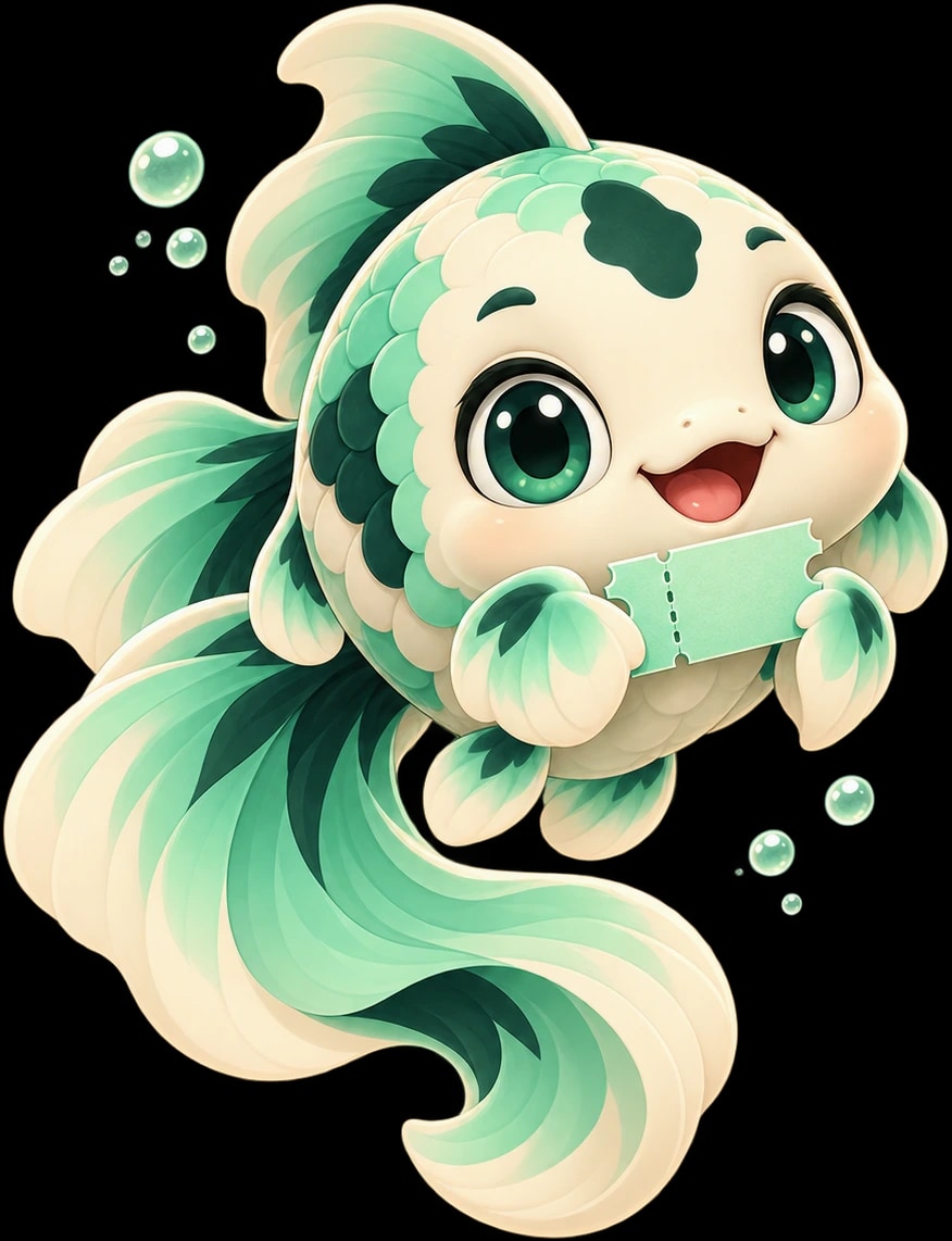 Kiko, the Hyperluck koi, holding a ticket